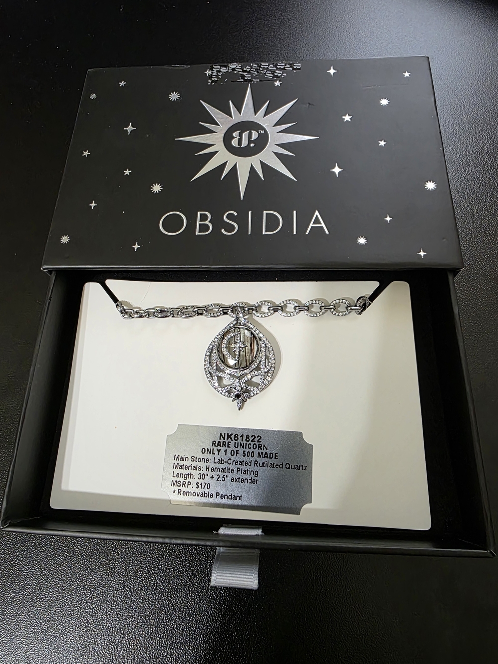 Hematie-Plated Obsidia Necklace w/ Lab-Created Rutilated Quartz - Rare Unicorn